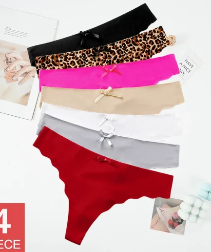 4PCS/Set M-XL Women Sexy Thong Panties Pack Lingerie 8 Solid Colors G-string Bow Ice Silk Underwear Leopard Underpants