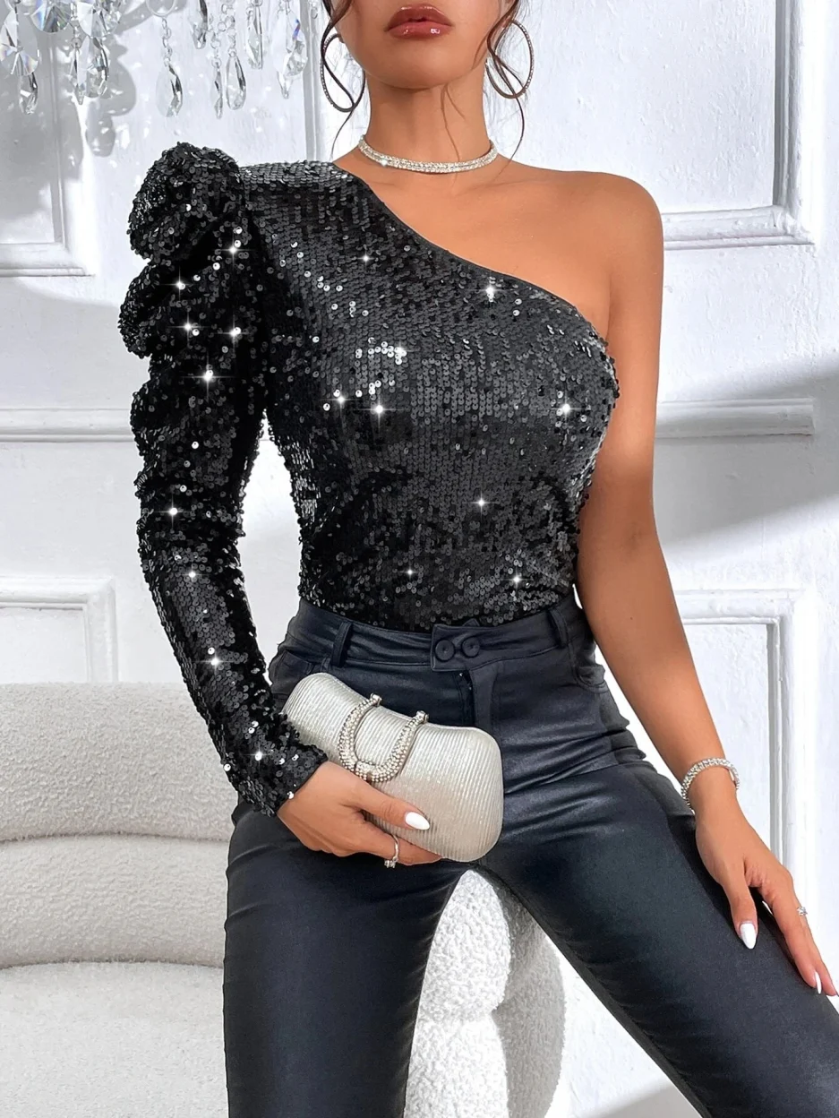 Blingy Black Sequin yksihihainen paita